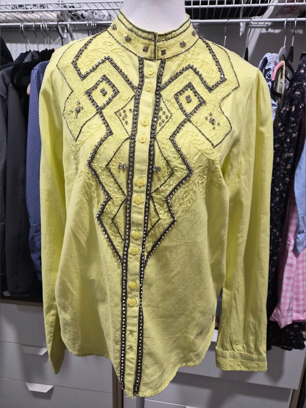 Anthropologie Pilcro Nayeli Rhinestone Lace Western Button down. Size M